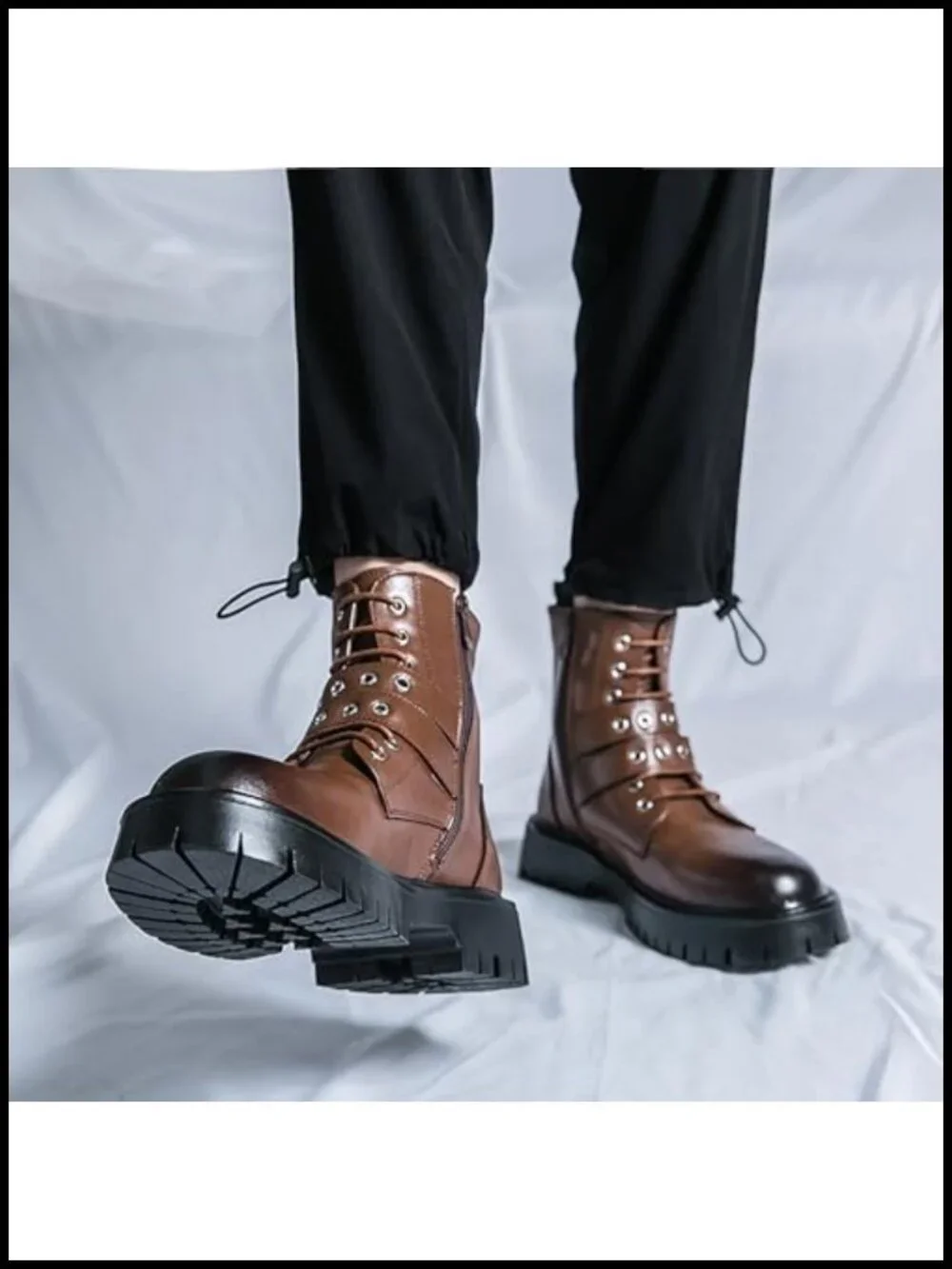 Men's Black Leather Platform Ankle Boots Lace up Side Zip Adjustable Buckle Lug